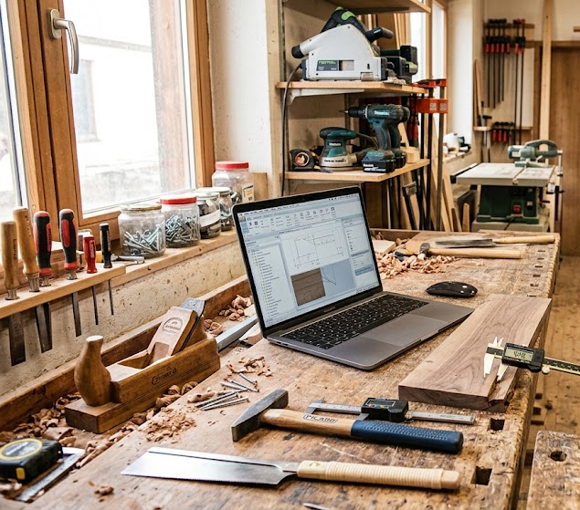 Werkbank mit Laptop und Werkzeug in der Werkstatt